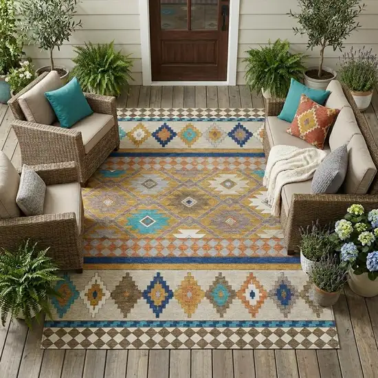 Gold And Brown Southwestern Washable Indoor Outdoor Area Rug Photo 1