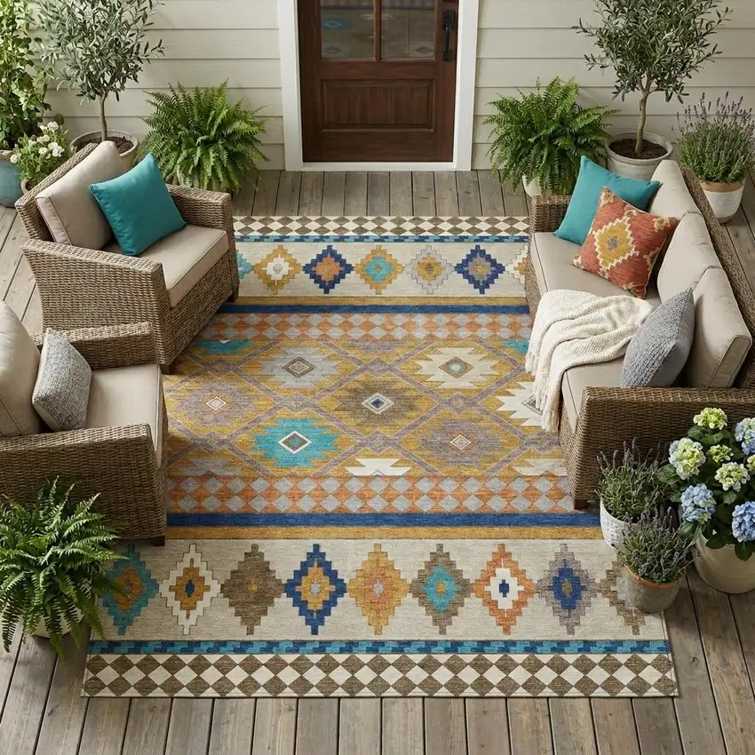 Gold And Brown Southwestern Washable Indoor Outdoor Area Rug Photo 1
