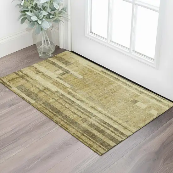 Gold And Brown Striped Washable Area Rug With UV Protection Photo 2