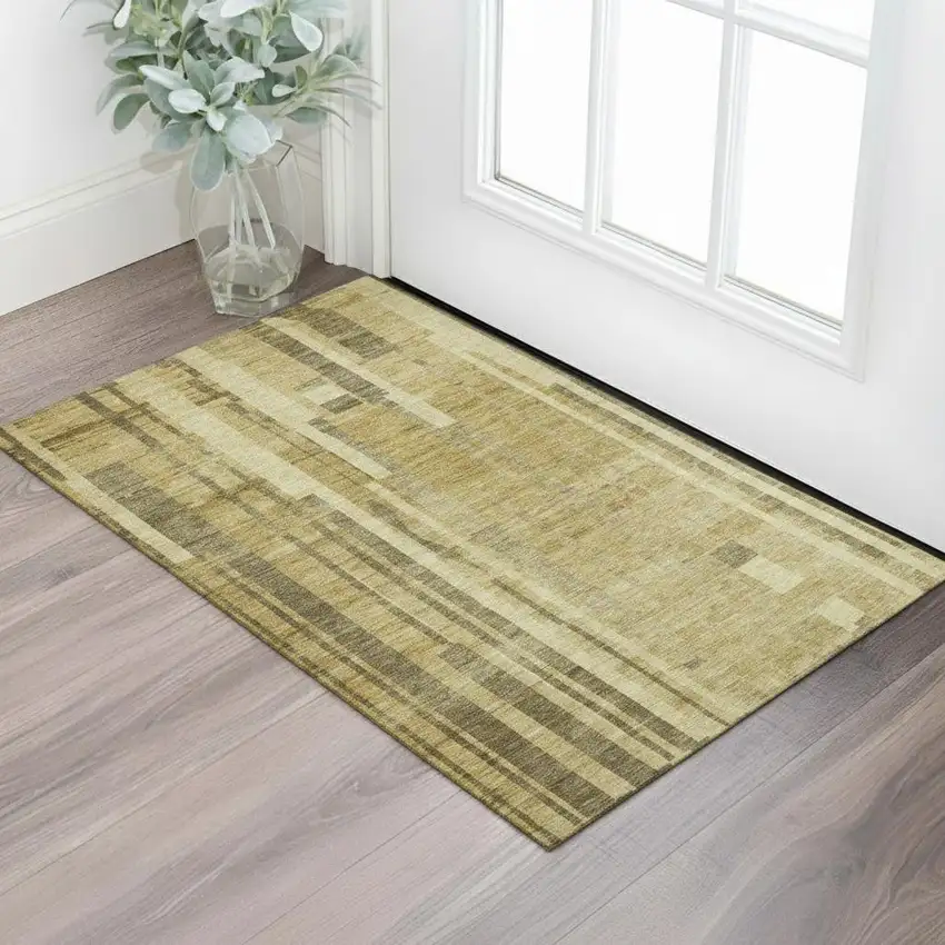 Gold And Brown Striped Washable Area Rug With UV Protection Photo 2