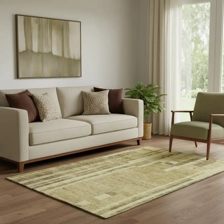 Gold And Brown Striped Washable Area Rug With UV Protection Photo 2