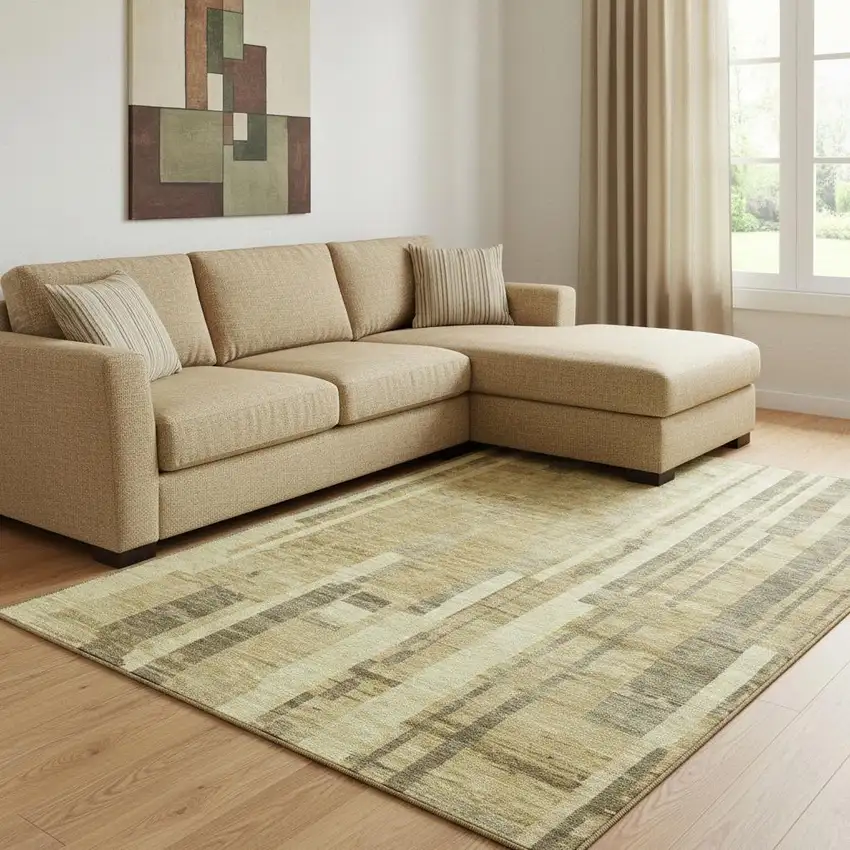 Gold And Brown Striped Washable Area Rug With UV Protection Photo 2