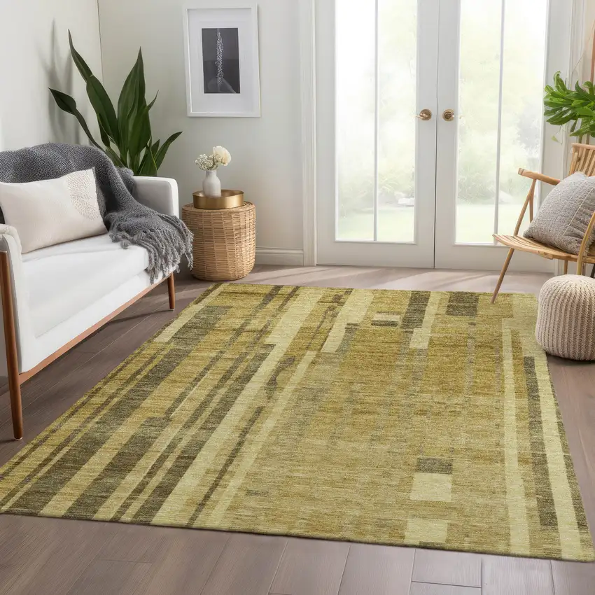 Gold And Brown Striped Washable Area Rug With UV Protection Photo 3