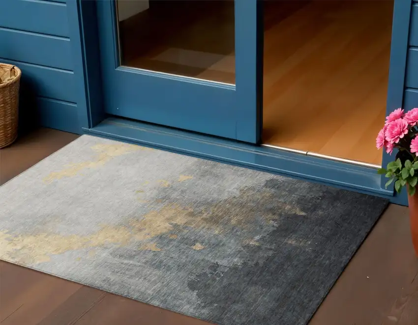 Gold And Charcoal Abstract Washable Indoor Outdoor Area Rug Photo 2