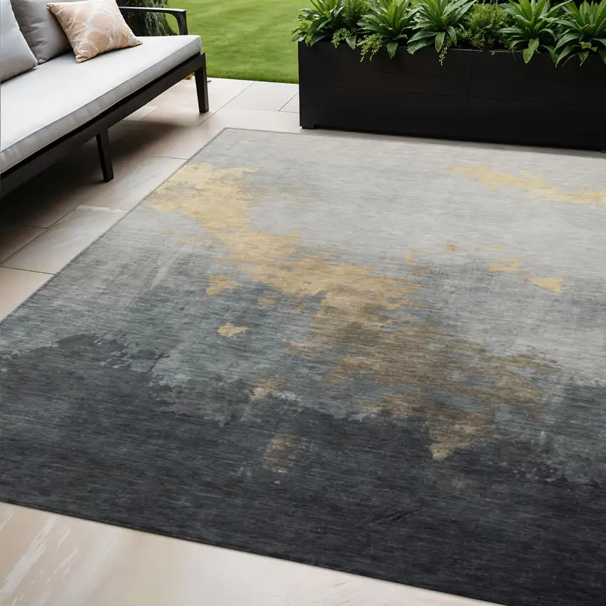 Gold And Charcoal Abstract Washable Indoor Outdoor Area Rug Photo 2