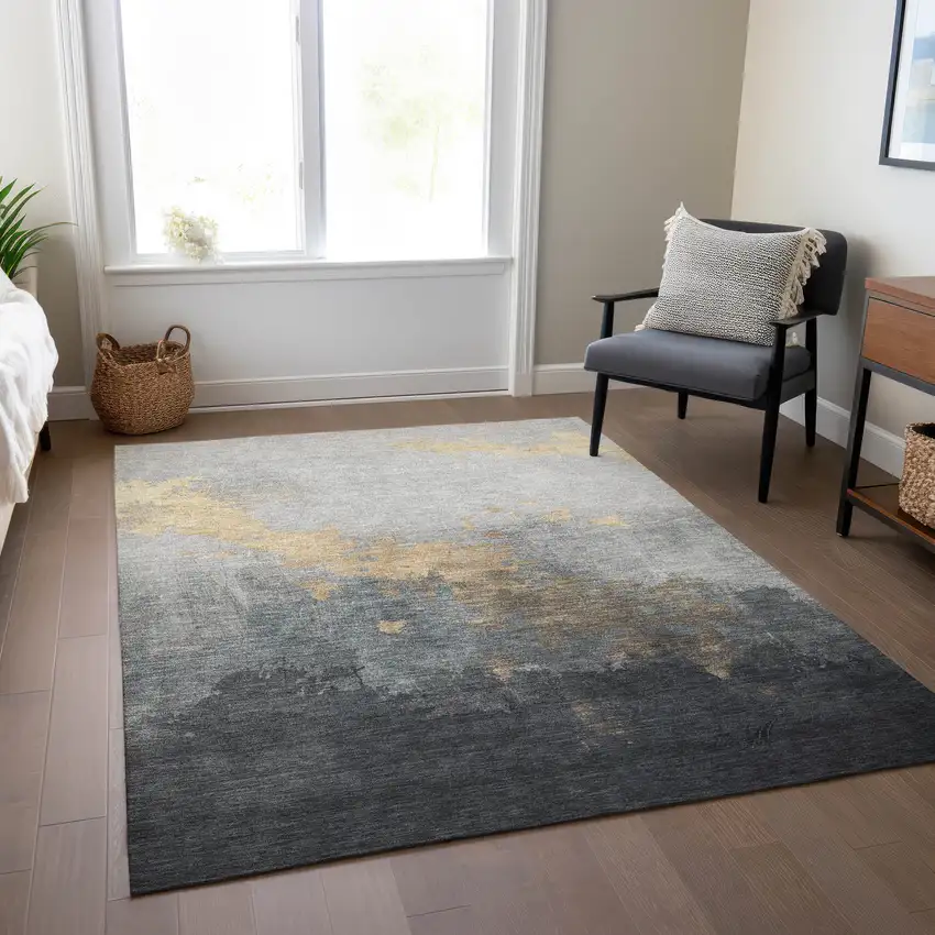 Gold And Charcoal Abstract Washable Indoor Outdoor Area Rug Photo 7