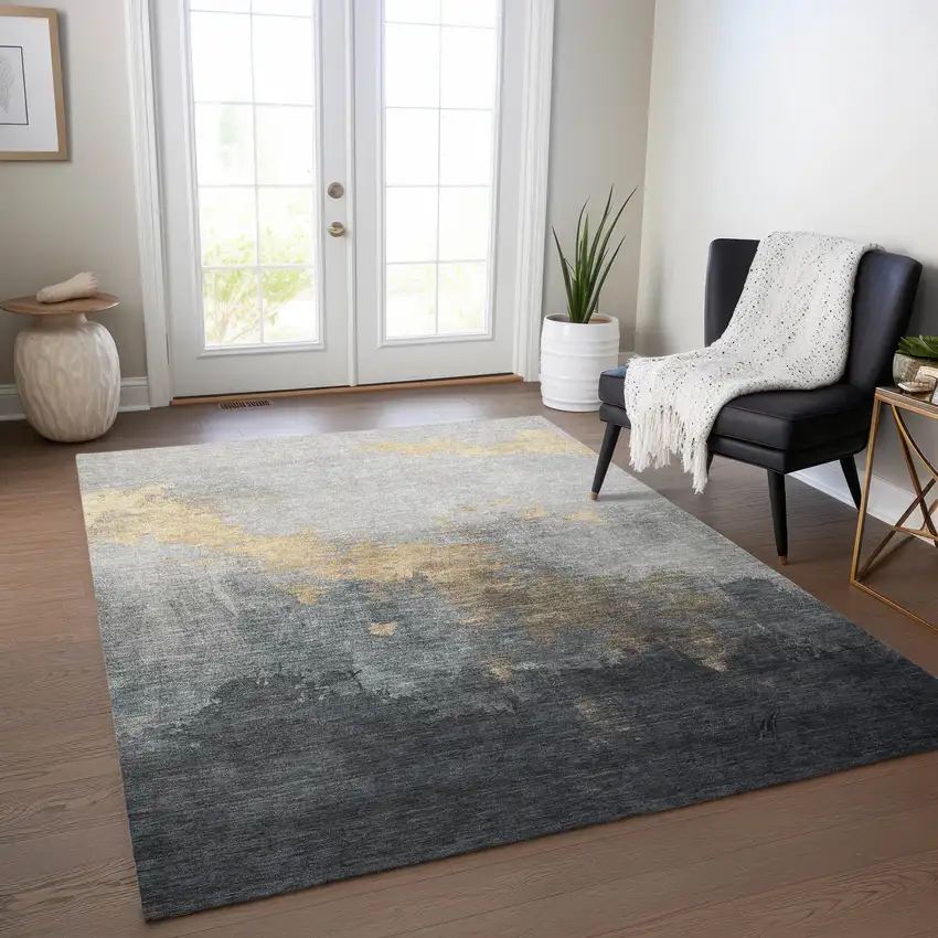 Gold And Charcoal Abstract Washable Indoor Outdoor Area Rug Photo 6