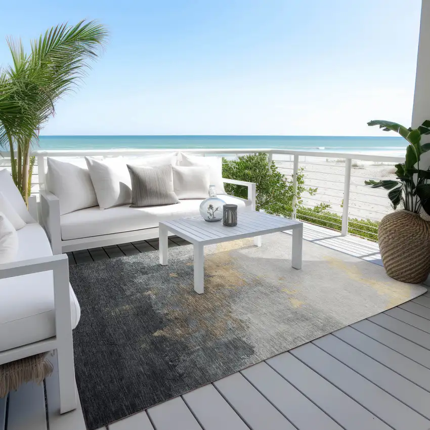 Gold And Charcoal Abstract Washable Indoor Outdoor Area Rug Photo 5