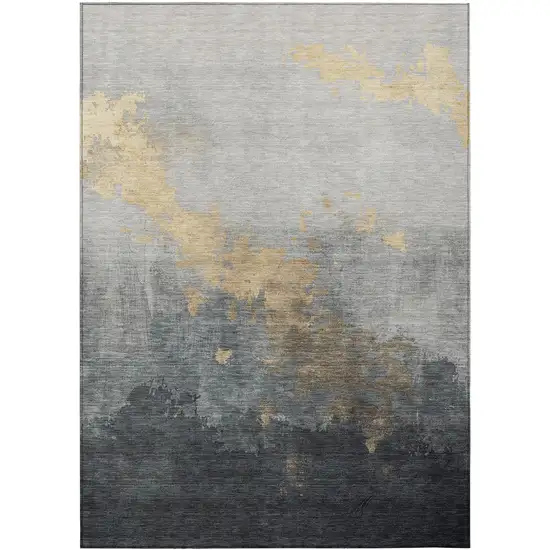 Gold And Charcoal Abstract Washable Indoor Outdoor Area Rug Photo 1