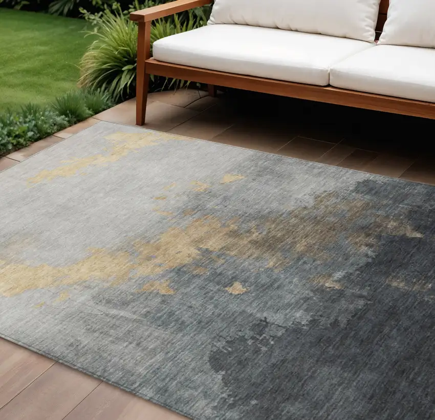 Gold And Charcoal Abstract Washable Indoor Outdoor Area Rug Photo 2