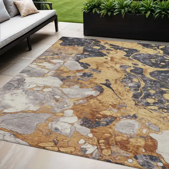 Gold And Charcoal Abstract Washable Indoor Outdoor Area Rug Photo 2