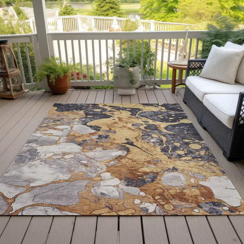 Gold And Charcoal Abstract Washable Indoor Outdoor Area Rug Photo 7