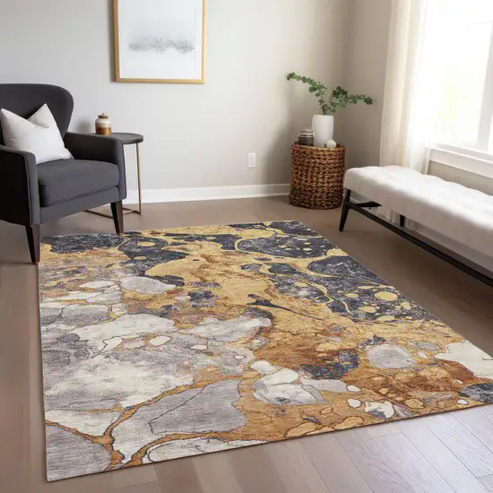 Gold And Charcoal Abstract Washable Indoor Outdoor Area Rug Photo 6