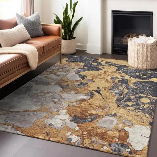 Gold And Charcoal Abstract Washable Indoor Outdoor Area Rug Photo 5