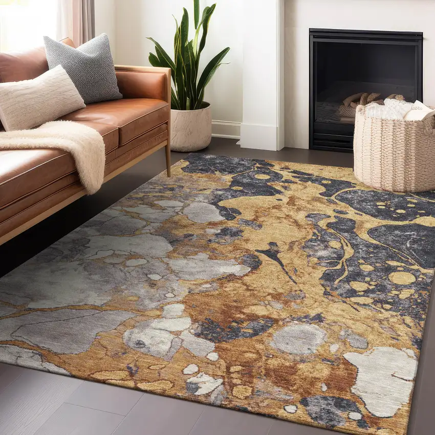 Gold And Charcoal Abstract Washable Indoor Outdoor Area Rug Photo 5