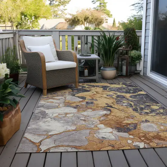 Gold And Charcoal Abstract Washable Indoor Outdoor Area Rug Photo 4