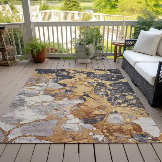 Gold And Charcoal Abstract Washable Indoor Outdoor Area Rug Photo 6