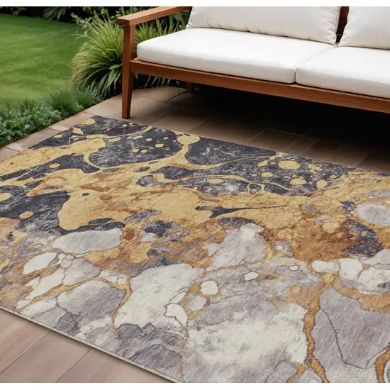 Gold And Charcoal Abstract Washable Indoor Outdoor Area Rug Photo 2