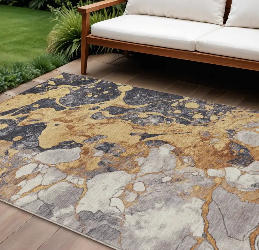 Gold And Charcoal Abstract Washable Indoor Outdoor Area Rug Photo 2