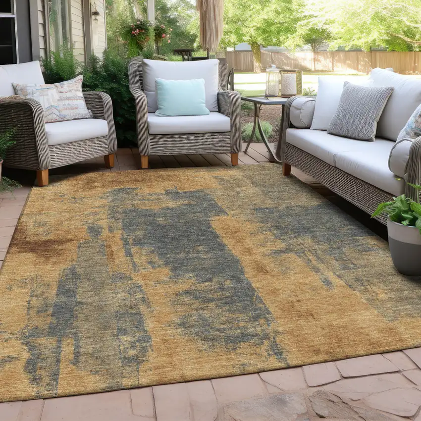 Gold And Charcoal Abstract Washable Indoor Outdoor Area Rug Photo 6