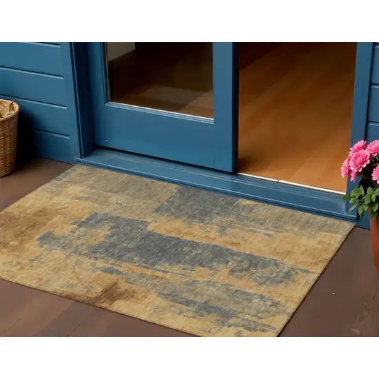 Gold And Charcoal Abstract Washable Indoor Outdoor Area Rug Photo 2
