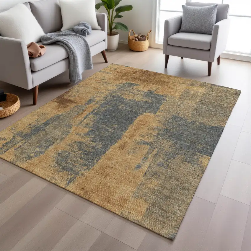 Gold And Charcoal Abstract Washable Indoor Outdoor Area Rug Photo 7