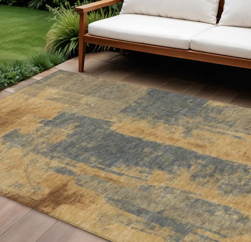 Gold And Charcoal Abstract Washable Indoor Outdoor Area Rug Photo 2