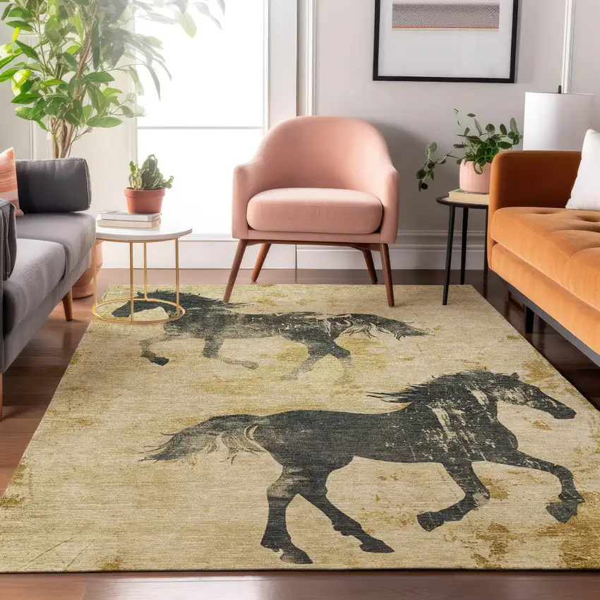 Gold And Charcoal Animal Print Washable Area Rug With UV Protection Photo 3