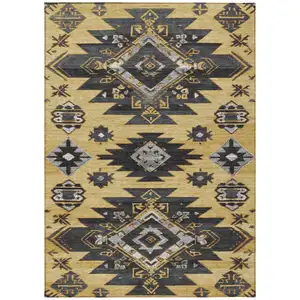 Photo of Gold And Charcoal Tribal Washable Indoor Outdoor Area Rug