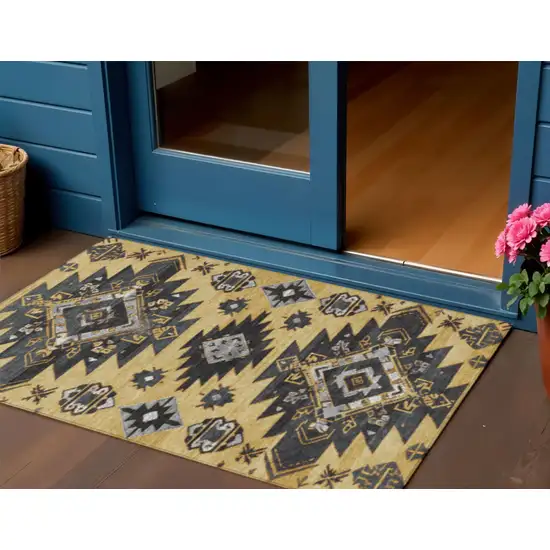 Gold And Charcoal Tribal Washable Indoor Outdoor Area Rug Photo 2