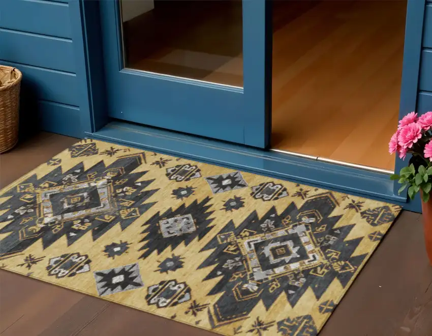 Gold And Charcoal Tribal Washable Indoor Outdoor Area Rug Photo 2