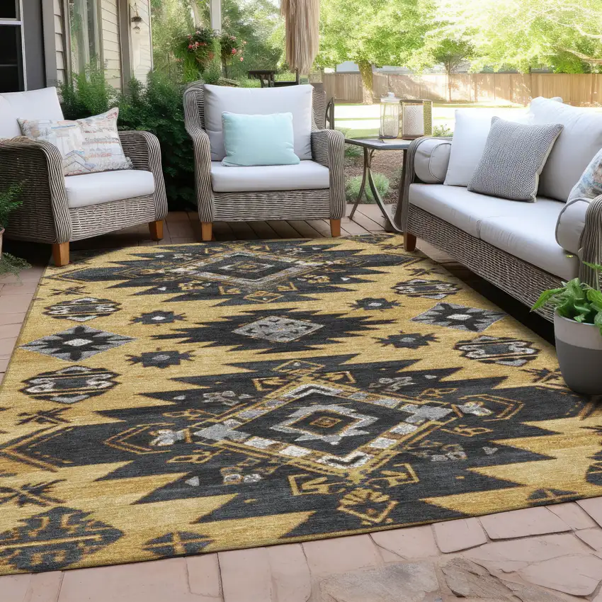 Gold And Charcoal Tribal Washable Indoor Outdoor Area Rug Photo 5