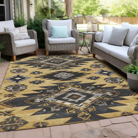 Gold And Charcoal Tribal Washable Indoor Outdoor Area Rug Photo 5