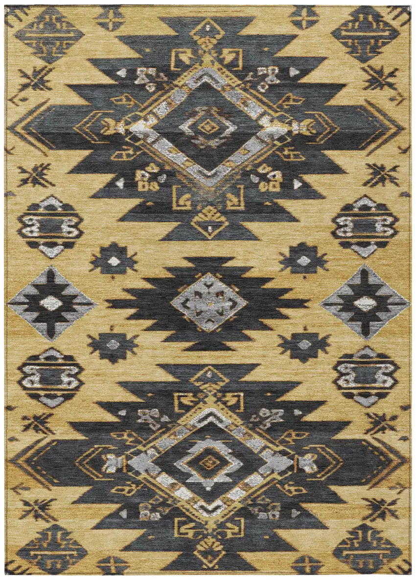 Gold And Charcoal Tribal Washable Indoor Outdoor Area Rug Photo 1