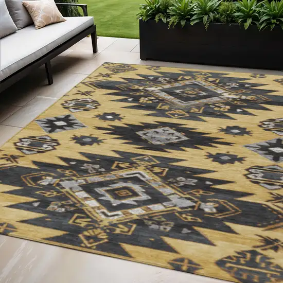 Gold And Charcoal Tribal Washable Indoor Outdoor Area Rug Photo 2