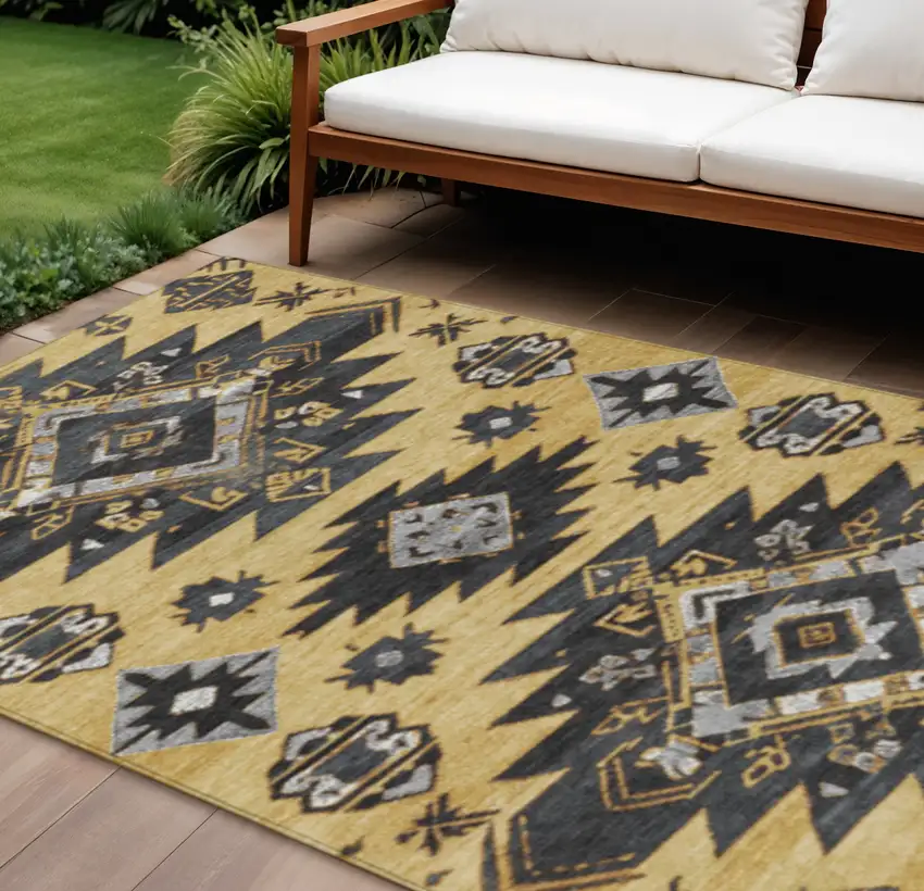 Gold And Charcoal Tribal Washable Indoor Outdoor Area Rug Photo 2