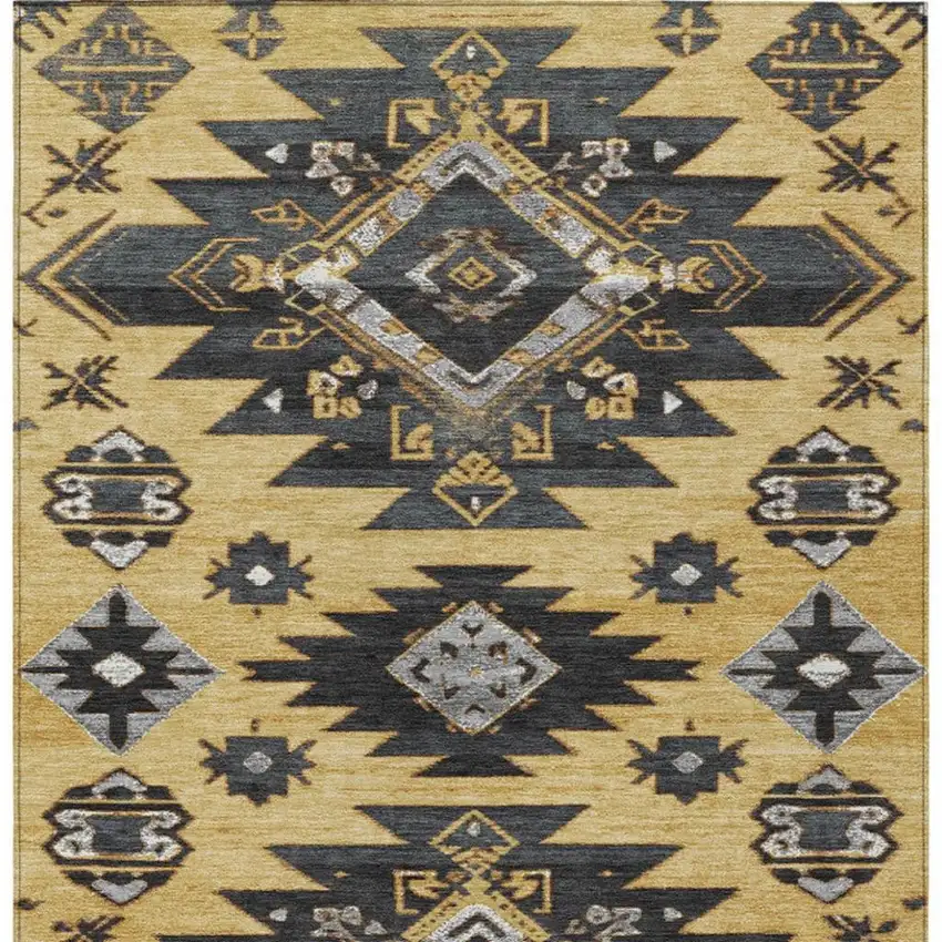 Gold And Charcoal Tribal Washable Indoor Outdoor Area Rug Photo 4
