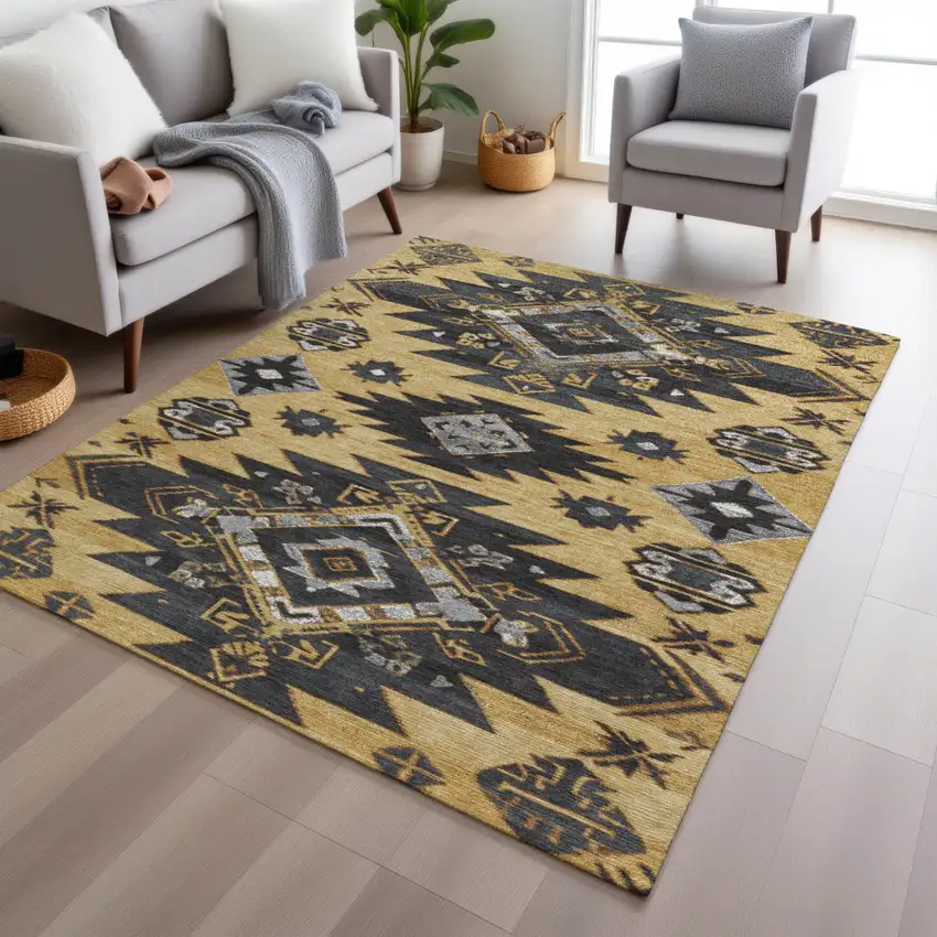 Gold And Charcoal Tribal Washable Indoor Outdoor Area Rug Photo 6