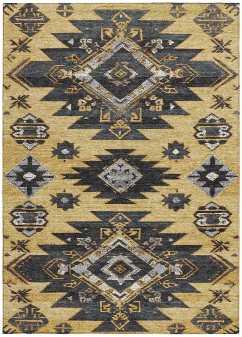 Gold And Charcoal Tribal Washable Indoor Outdoor Area Rug Photo 4