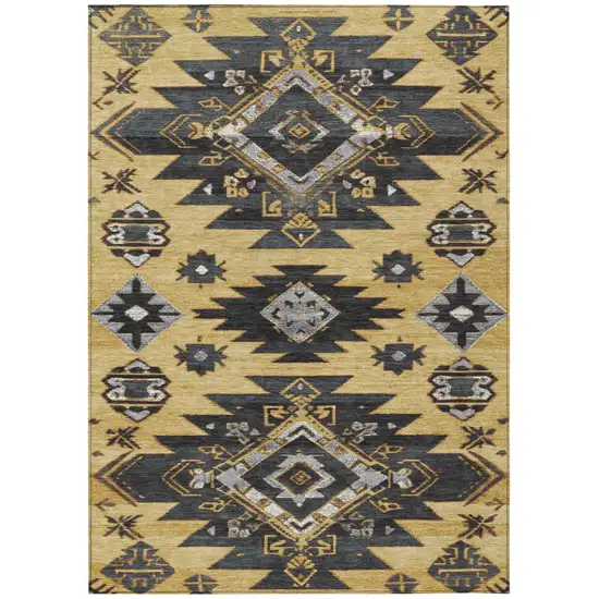 Gold And Charcoal Tribal Washable Indoor Outdoor Area Rug Photo 1