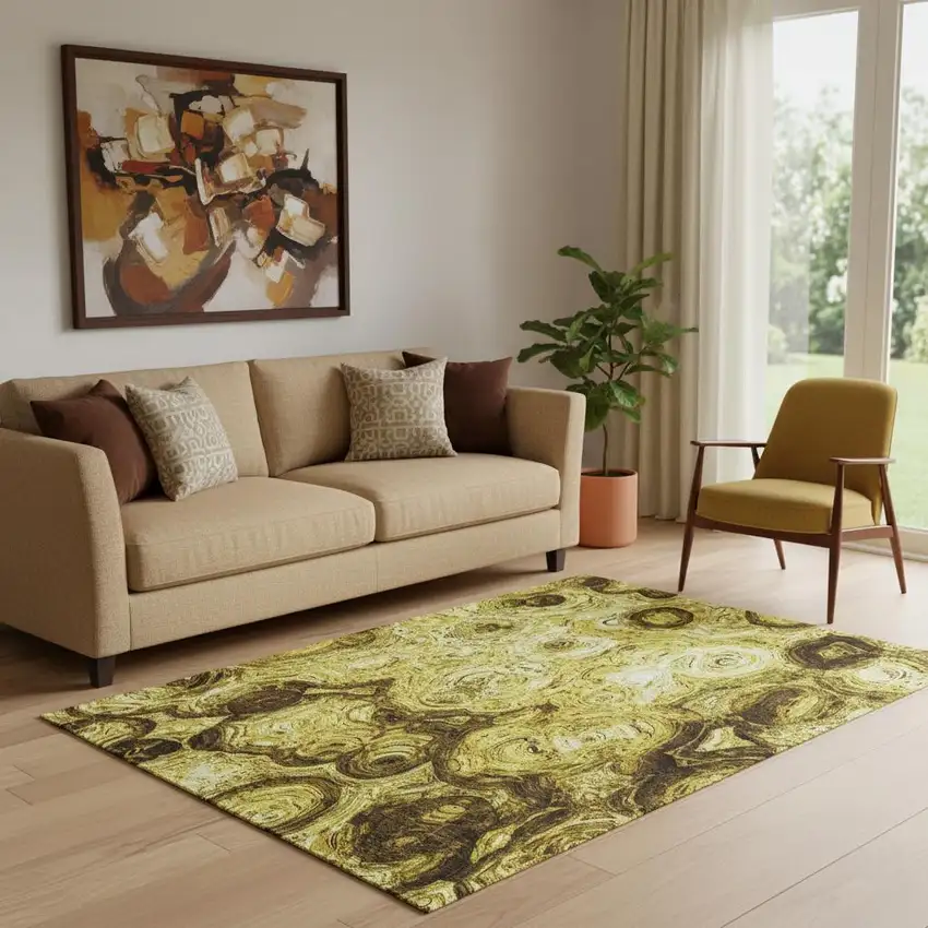 Gold And Chocolate Abstract Washable Area Rug With UV Protection Photo 1