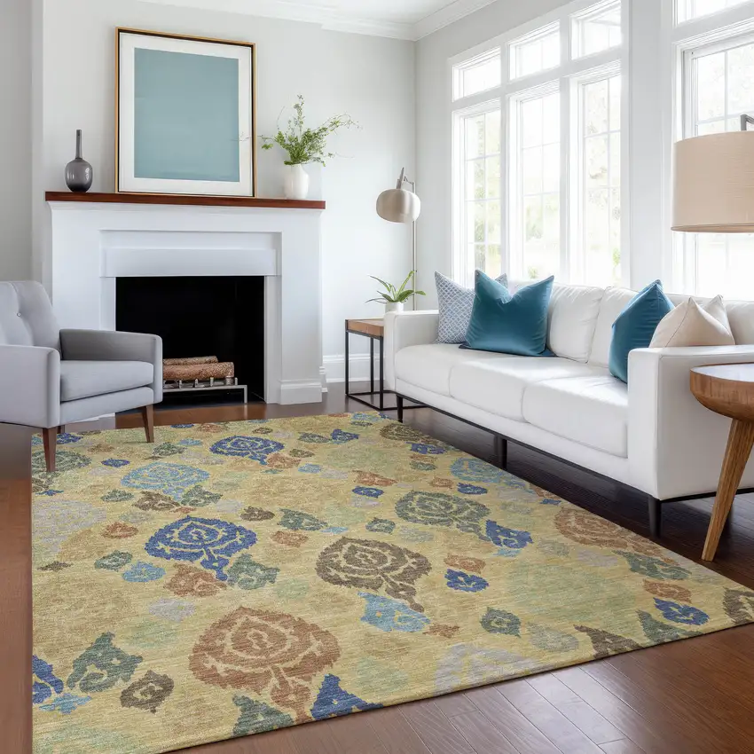 Gold And Chocolate Damask Washable Indoor Outdoor Area Rug Photo 6