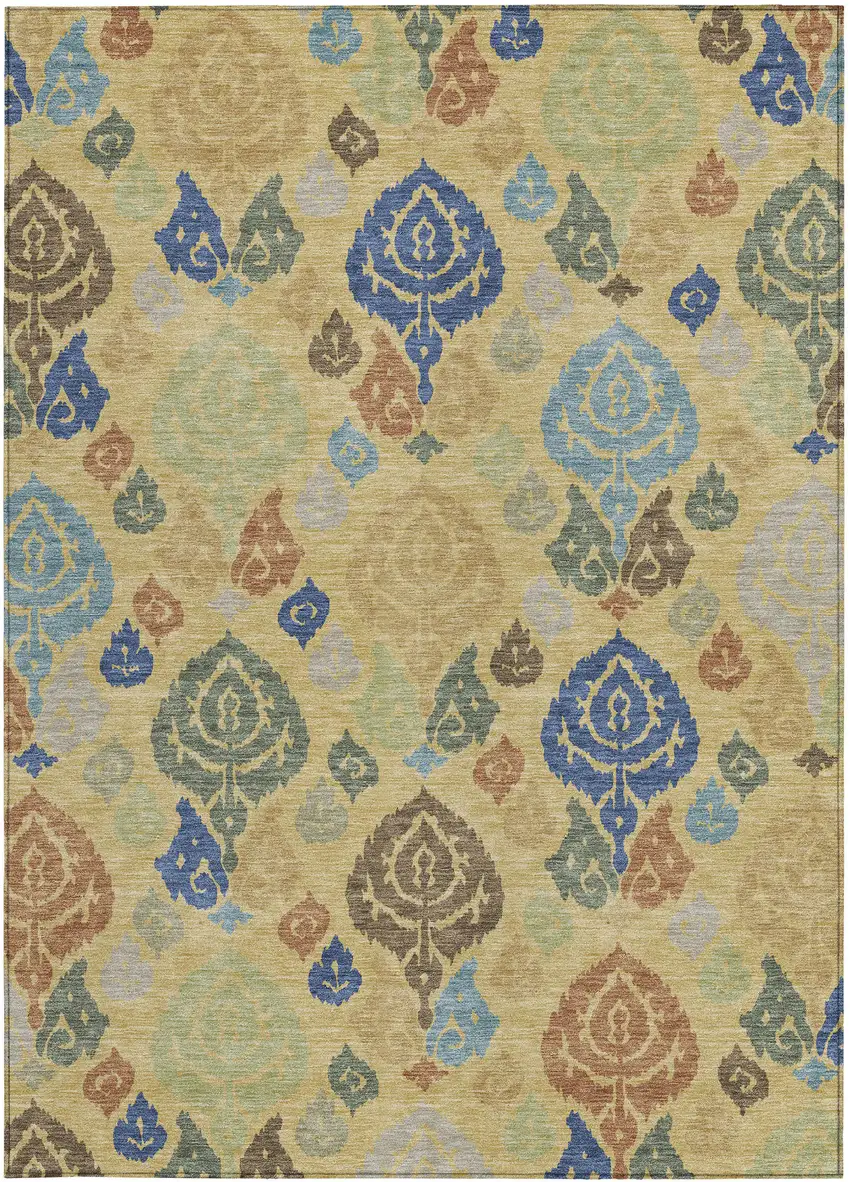 Gold And Chocolate Damask Washable Indoor Outdoor Area Rug Photo 3