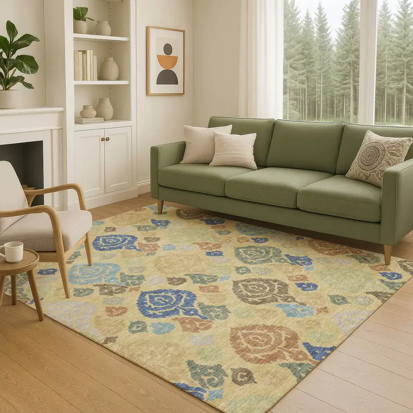 Gold And Chocolate Damask Washable Indoor Outdoor Area Rug Photo 5