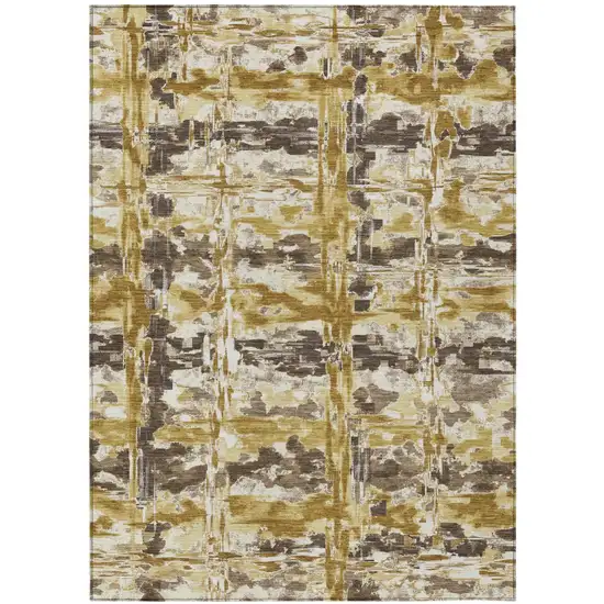 Gold And Coffee Abstract Washable Indoor Outdoor Area Rug Photo 1