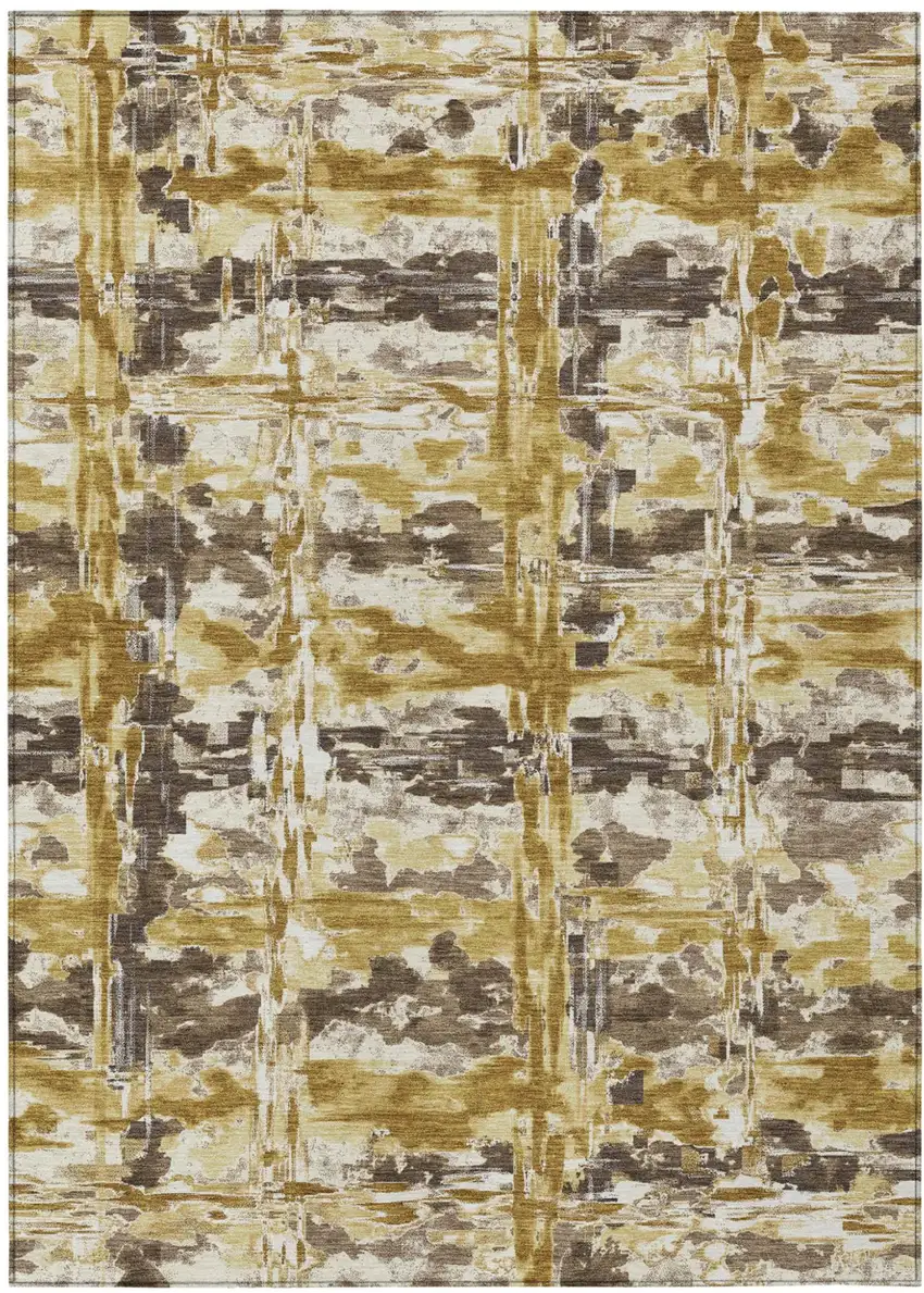 Gold And Coffee Abstract Washable Indoor Outdoor Area Rug Photo 1