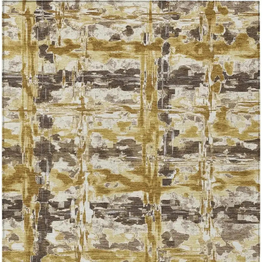 Gold And Coffee Abstract Washable Indoor Outdoor Area Rug Photo 3