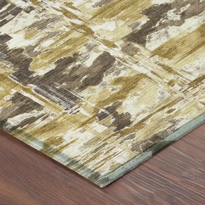 Gold And Coffee Abstract Washable Indoor Outdoor Area Rug Photo 4