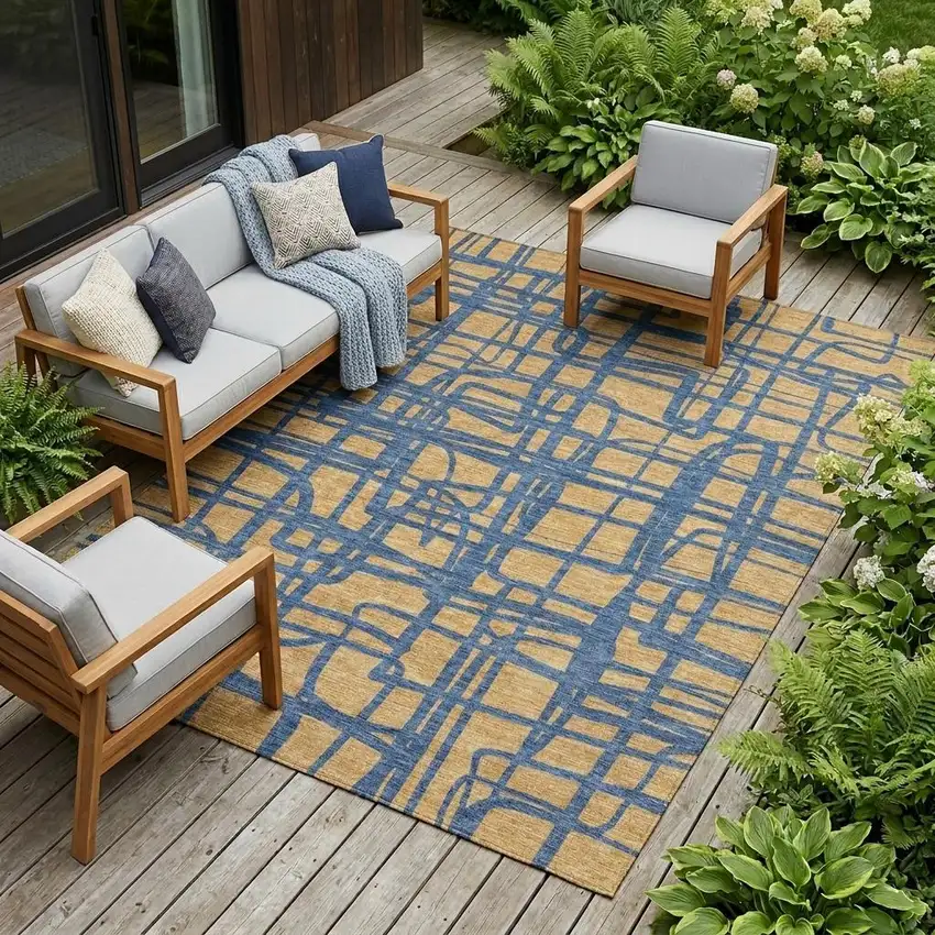 Gold And Copper Abstract Washable Indoor Outdoor Area Rug Photo 1