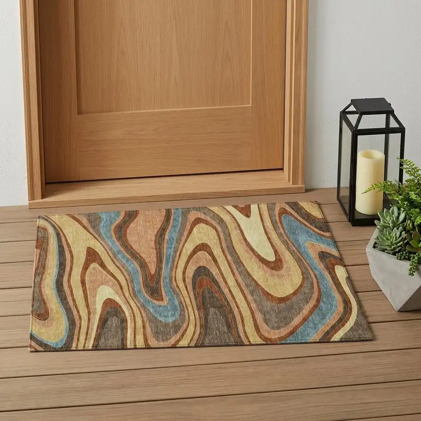 Gold And Copper Abstract Washable Indoor Outdoor Area Rug Photo 1